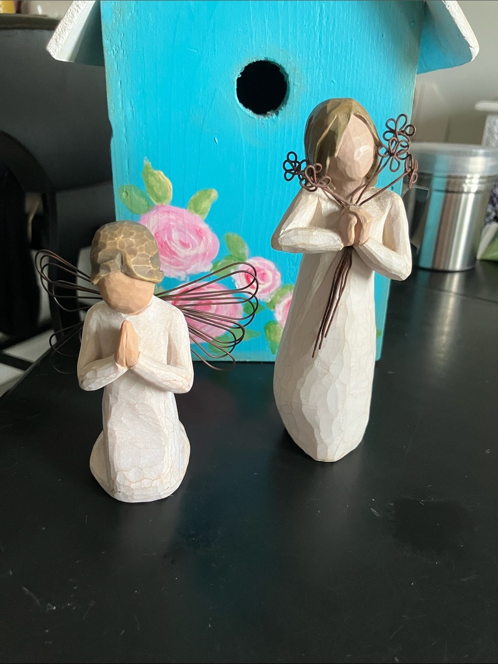 Willow Tree Natural Wood Toned Angel Figurines with White and Brown Accents